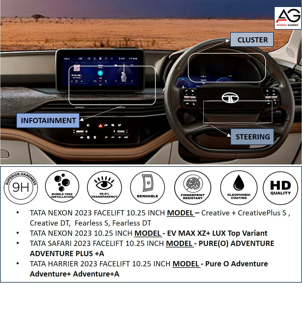 TATA NEXON / SAFARI / HARRIER / 2023 FACELIFT 10.25 INCH-CURVED DISPLAY [2023-Running] Infotainment + Cluster+ Steering Screen Protector