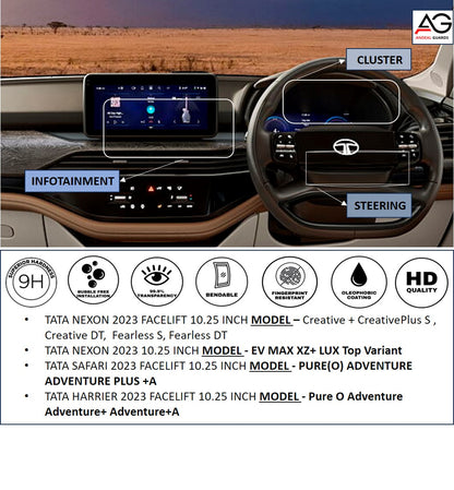 TATA NEXON / SAFARI / HARRIER / 2023 FACELIFT 10.25 INCH-CURVED DISPLAY [2023-Running] Infotainment + Cluster+ Steering Screen Protector