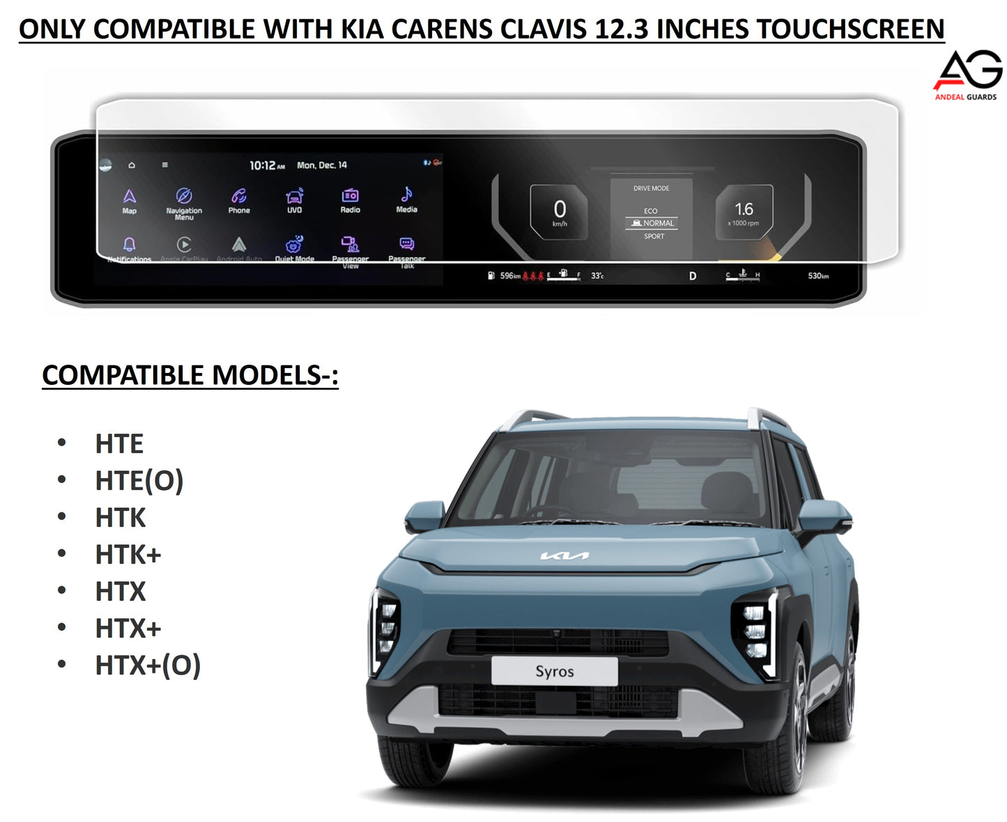 Kia Carens Clavis 2025 – HTE, HTE(O), HTK, HTK+, HTX, HTX+, HTX+(O) Full Display Guard with Installation Kit (Copy)