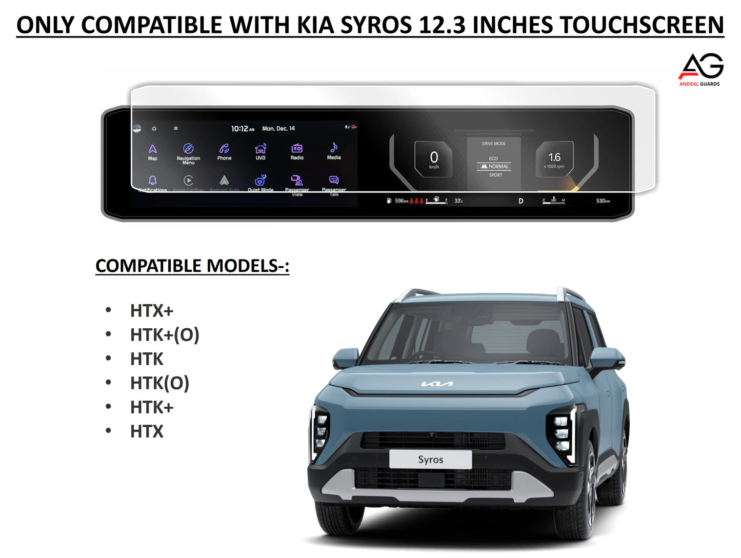 New Kia Syros 2025 Screen Protector – HTK, HTK+, HTK(O), HTX, HTX+, HTX+(O) Full Display Guard with Installation Kit