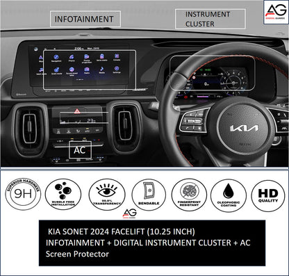 NEW KIA SONET 2024 FACELIFT (10.25 INCH) INFOTAINMENT ,AC & INSTRUMENT CLUSTER Protector ,HTX+ GTX PLUS X LINE [2024-Running] Screen Protector