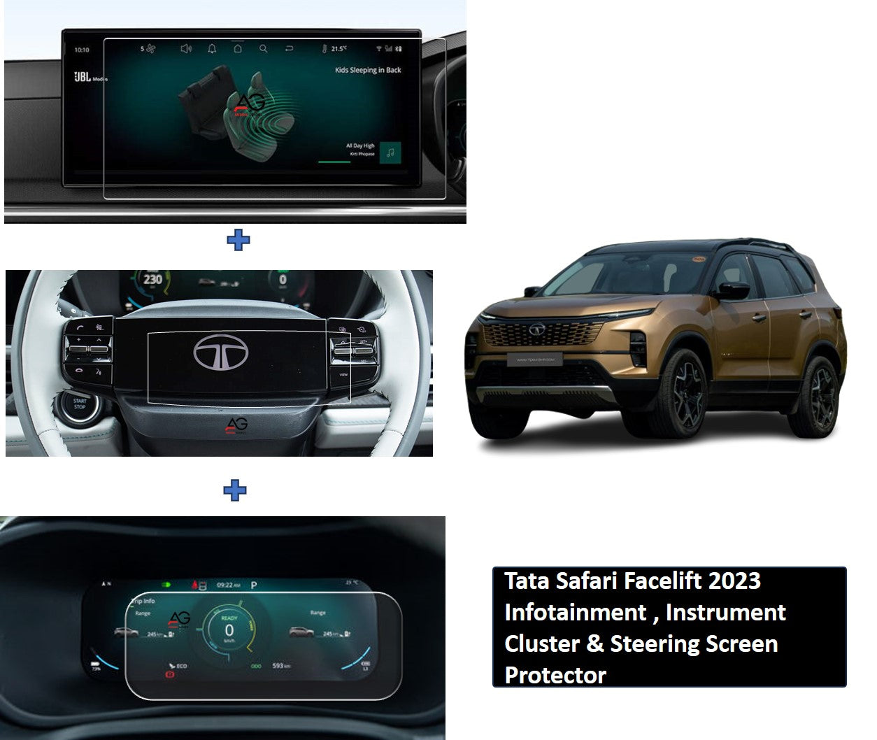 Tata Safari Facelift 12.3 Inch Infotainment ACCOMPLISHED , ACCOMPLISHED PLUS (2023- Running) Infotainment + Cluster + Steering Combo Screen Protector